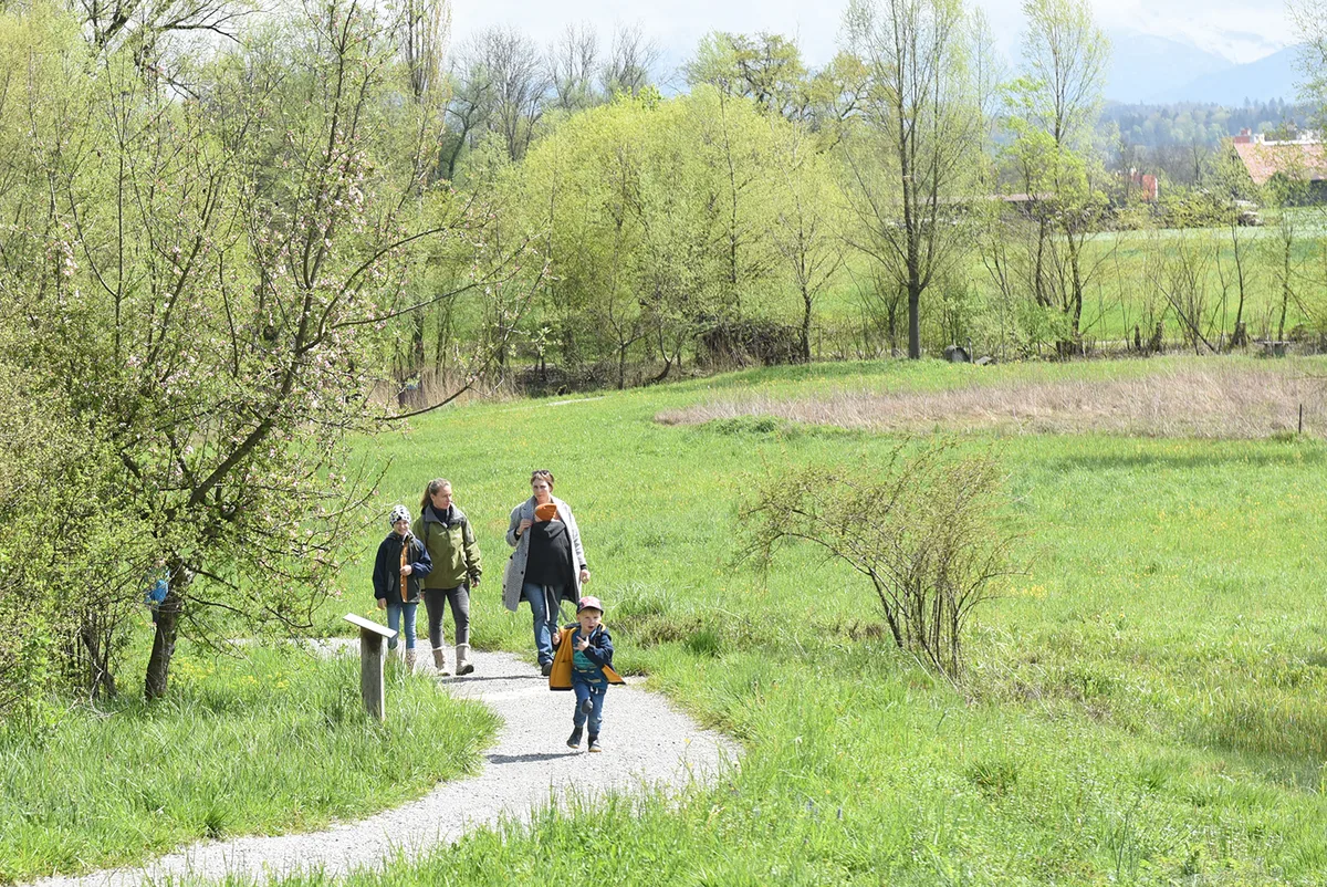 Besuchende auf dem Erlebnispfad der Naturstation Silberweide